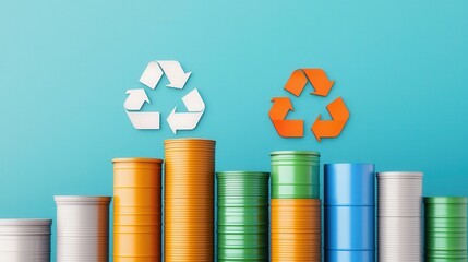 net zero with carbon impact concept. Recycling concept with colorful barrels and symbols on a blue background.