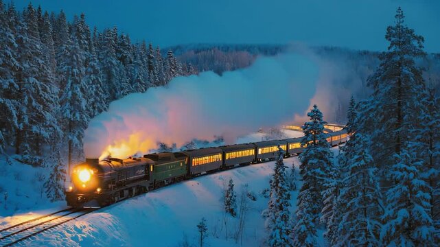 Steam Train Traveling Through a Snow Covered Forest at Dusk or Night