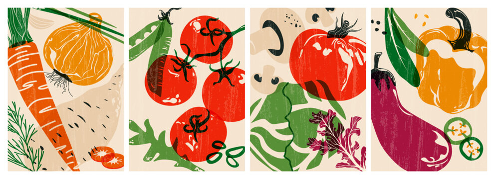 Naklejki Fresh vegetable posters. Organic veggies natural food farm products for healthy diet, tomato pepper onion greens risograph covers for vegetarian restaurant menu. Vector cartoon set