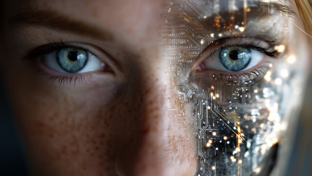 A conceptual portrait merges half of a human face with digital circuits—one side realistic with skin and eye, the other metallic with glowing microchips and wires.