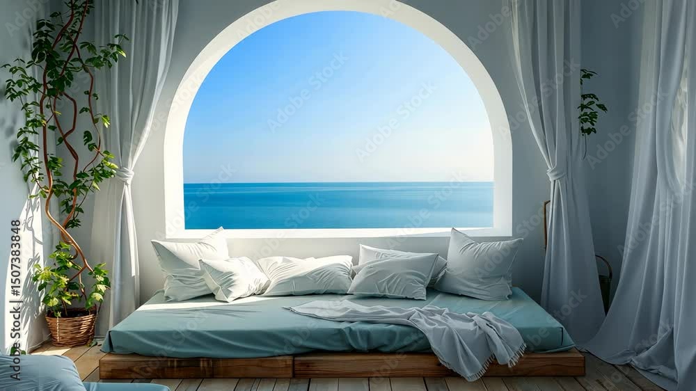 Poster light-filled bedroom showcases an ocean view through a large arch window, creating a peaceful and in