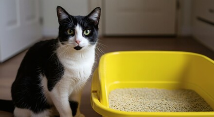 A curious black and white cat sits beside its clean, yellow litter box indoors, looking at the camera.