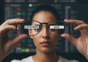 A woman holds glasses labeled "Customer View" before her face, symbolizing business focus on customer insights and strategy.