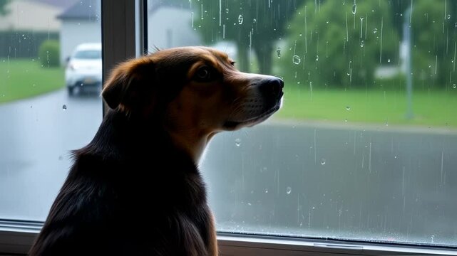 Dog longingly watches the rain falling outside a window on a gloomy day