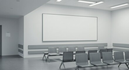 Fototapeta premium An empty waiting room with rows of chairs, a blank display space, in a medical facility.