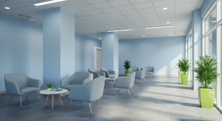 Fototapeta premium A serene waiting area with comfortable armchairs, plants, and ample natural light.