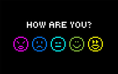 Y2k Pixel Emoji Mood Scale. How Are You. 5 Emotional Faces. Mental Health Awareness Sticker. Pixel Art Icons for UI, Social Media, Retro Minimal Design for social media. Black background, colorful 
