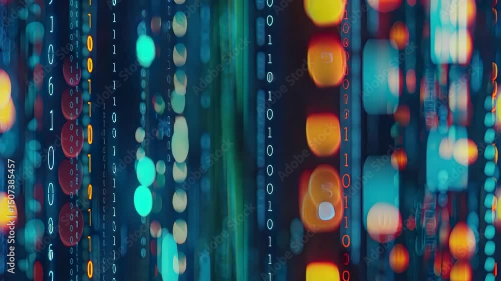 Poster colorful binary data streams flow and shimmer, creating an abstract display of digital information a