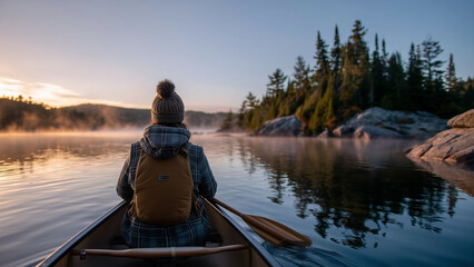 A lone paddler in a flannel shirt and beanie glides across a glassy lake at dawn. Misty pines and golden light surround the scene, while pastel reflections create a calm, meditative atmosphere.