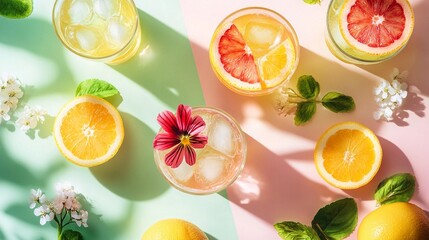 Refreshing summer drinks showcased with vibrant citrus fruits featuring striking colors and artistic arrangements, perfect for enhancing seasonal celebrations and gatherings.
