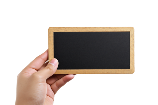 hand holding small blank chalkboard isolated on white background