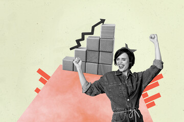 Poster trend collage of person win stand front blocks charts with arrows up on yellow background