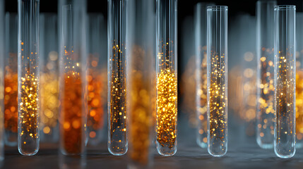Close-up of laboratory test tubes filled with sparkling golden particles, symbolizing a breakthrough in scientific research and chemical innovation