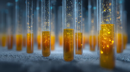 Rows of Test Tubes with Gold Liquids and Particles in a Laboratory
