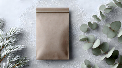 Holiday Gift Bag with Eucalyptus and Pine in a Snowy Scene - Perfect for Christmas Presents
