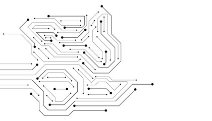 Circuit Board Technology Electronic Scheme Pattern Abstract Background. PCB Trace Black And White Engineering Data Communication Concept Vector.