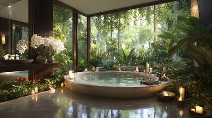 A peaceful and luxurious home spa sanctuary, with a large soaking tub surrounded by candlelight and lush greenery for a relaxing escape