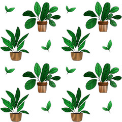 Seamless pattern with indoor potted plants and green leaves on white background. Ideal for eco-friendly design, packaging, fabric, and gardening themes.