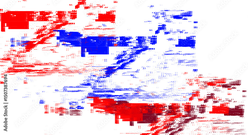 Poster abstract glitch art composition with red and blue pixelated elements on transparent backdrop for dig