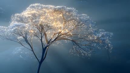 Fototapeta premium Enchanted Winter Tree Glimmering Light Through Snowy Branches in a Dreamlike Landscape