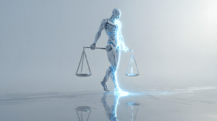 Advanced AI Robot with Luminous Balance Scale, Symbolizing Future Justice and Ethical Decision-Making in a Technologically Driven Society