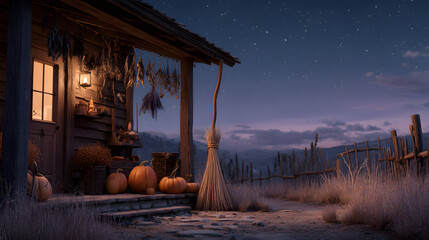 Rustic Halloween Charm A Cozy Cottage Scene at Twilight