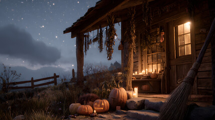 A rustic witch's cottage porch at night with glowing jack-o'-lanterns and candles under a starry sky for Halloween