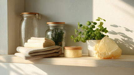 Natural and organic home essentials, bathed in warm sunlight, creating a serene and peaceful atmosphere