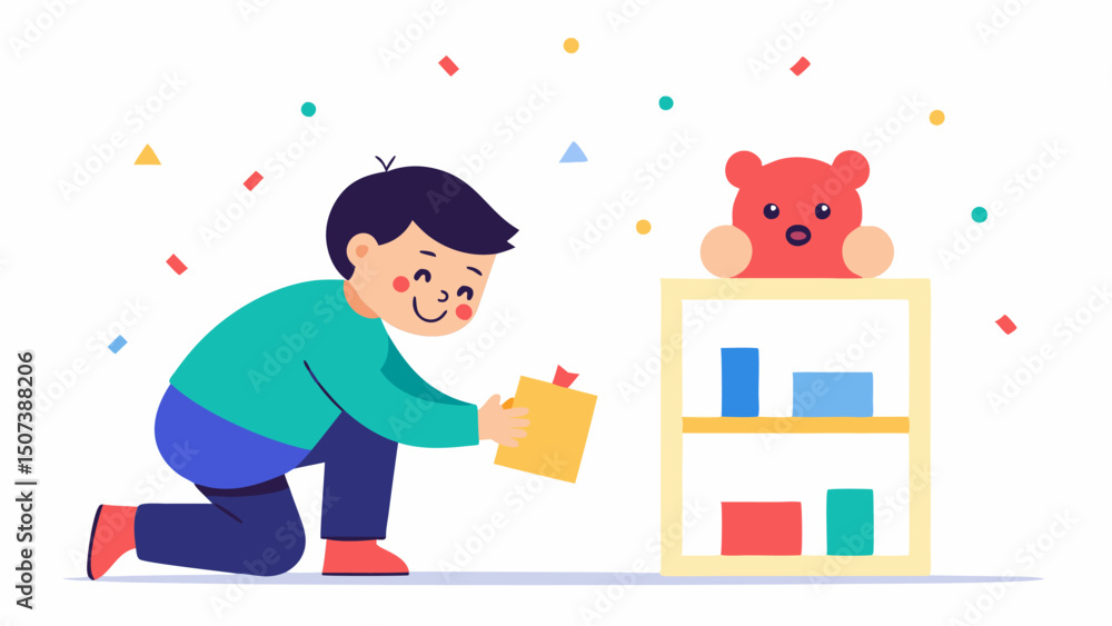 Poster discount delight a parent crouching down with a big smile examining a toy on a low shelf marked with