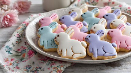 A delightful plate of homemade bunny-shaped sugar cookies, beautifully decorated with pastel icing, perfect for Easter celebrations and springtime treats