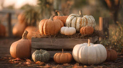 Harvest season abundance A collection of pumpkins and gourds displayed on a rustic wooden crate amidst fallen autumn leaves