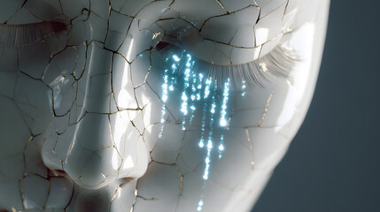 Close-up surreal portrait of a broken, repaired porcelain doll with glowing, sparkling tears