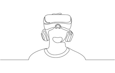One line drawing of a person in virtual reality. Represents the future of gaming, Astonished Person Wearing VR Headset, Immersive Virtual Reality Experience. Editable Stroke.