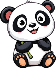 Fototapeta premium Happy Cartoon Panda Sitting and Holding Bamboo Shoot - Colorful Vector Illustration