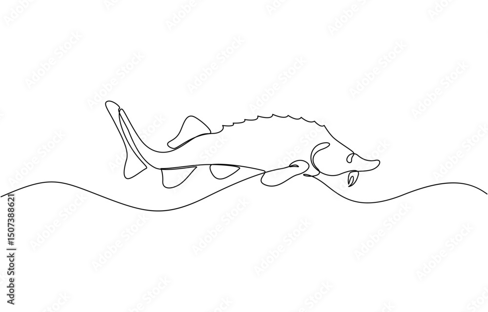 Aufkleber Sturgeon fish in continuous line art drawing style. Minimalist black linear sketch, A minimalist vector illustration of a sturgeon fish in continuous line art drawing style, using a single black line.