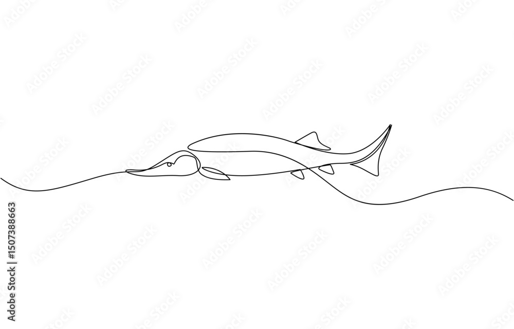 Aufkleber Sturgeon fish in continuous line art drawing style. Minimalist black linear sketch, A minimalist vector illustration of a sturgeon fish in continuous line art drawing style, using a single black line.