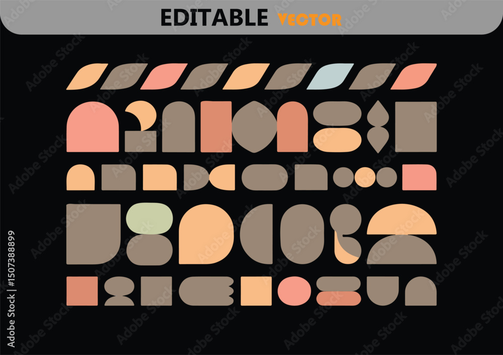 Poster abstract geometric pattern with earthy tones on black background featuring rounded shapes and simple