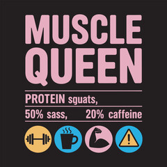 Editable Vector T-shirt Design – “Muscle Queen” Funny Gym Parody with Fake Nutrition Label and Fitness Icons