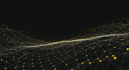 Abstract glowing yellow and white mesh waves on a dark background, representing digital data flow, network connections, or a futuristic technological landscape.