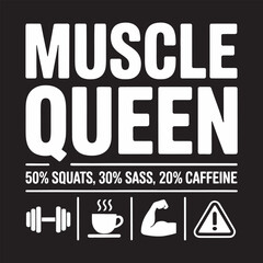 Editable Vector T-shirt Design – “Muscle Queen” Funny Gym Parody with Fake Nutrition Label and Fitness Icons