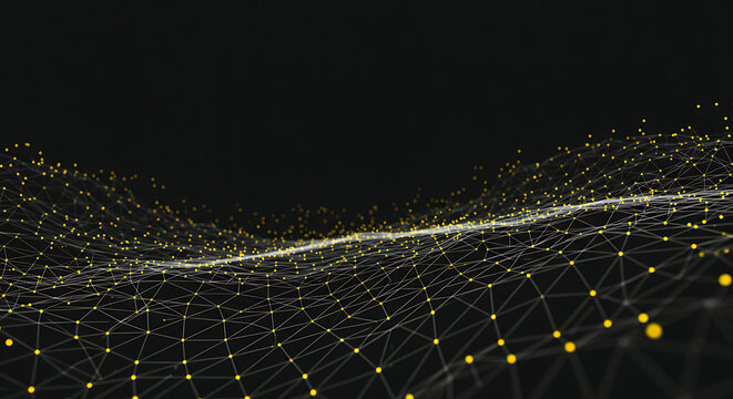 Abstract glowing yellow and white mesh waves on a dark background, representing digital data flow, network connections, or a futuristic technological landscape.