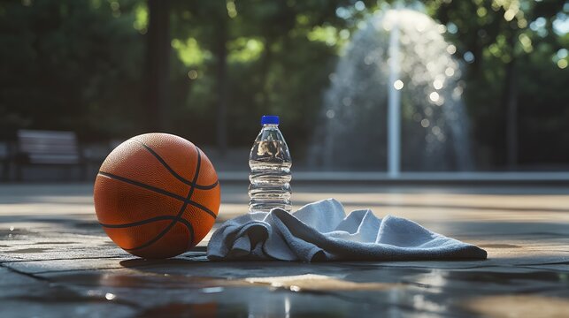 Basketball resting with water and towel after a game on a sunlit outdoor court - Powered by Adobe