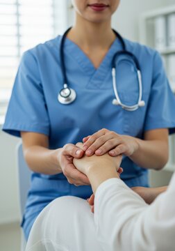 Healthcare professional nurse doctor medical care giving support empathy compassion holding hands patient