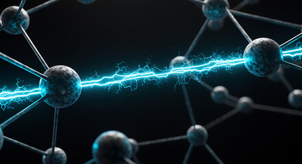 Abstract molecular structure with a glowing blue electrical discharge, symbolizing energy transfer, chemical bonding, or a powerful scientific breakthrough.