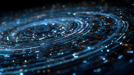Abstract swirling vortex of glowing blue digital particles representing futuristic technology, big data, and information flow in cyberspace