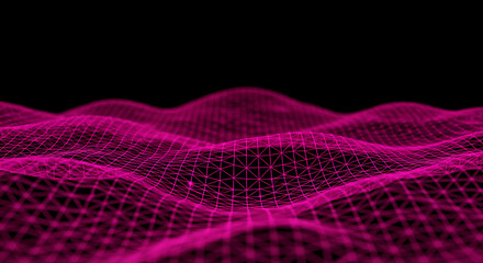 Abstract glowing pink mesh waves on a dark background, representing digital data, frequency visualization, or a futuristic network landscape.