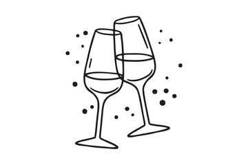 Two glasses wine or champagne doodle outline hand drawn icon. Cheers with alcohol drink and cocktail sign. Champagne glasses make cheers. Element for celebration, party, holiday