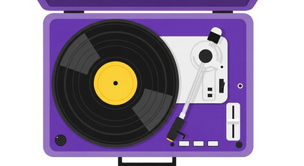 An animated purple record player with a black and yellow record, in a minimalist style, against a white background.

