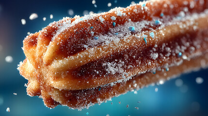A single, crispy churro dusted with glittering sugar crystals floats majestically through a vibrant, cosmic blue nebula background
