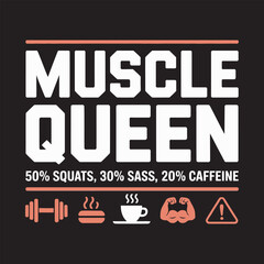 Editable Vector T-shirt Design – “Muscle Queen” Funny Gym Parody with Fake Nutrition Label and Fitness Icons